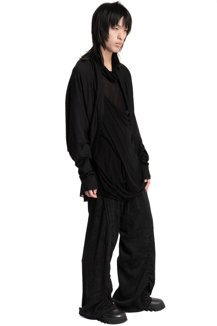 Shawl-collar open draped cardigan