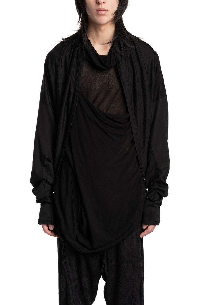 Shawl-collar open draped cardigan