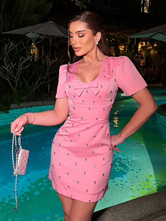 Short Pink Crepe Dress with Rosé Embroidery