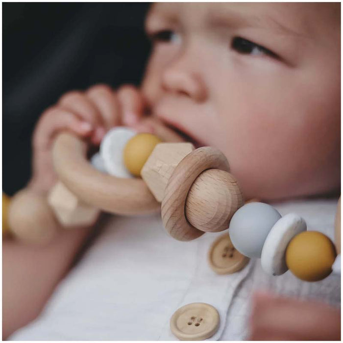 Funny Bunny Kids Silicone & Wood Pram Garland/Teether - Mustard Round | Koop.co.nz