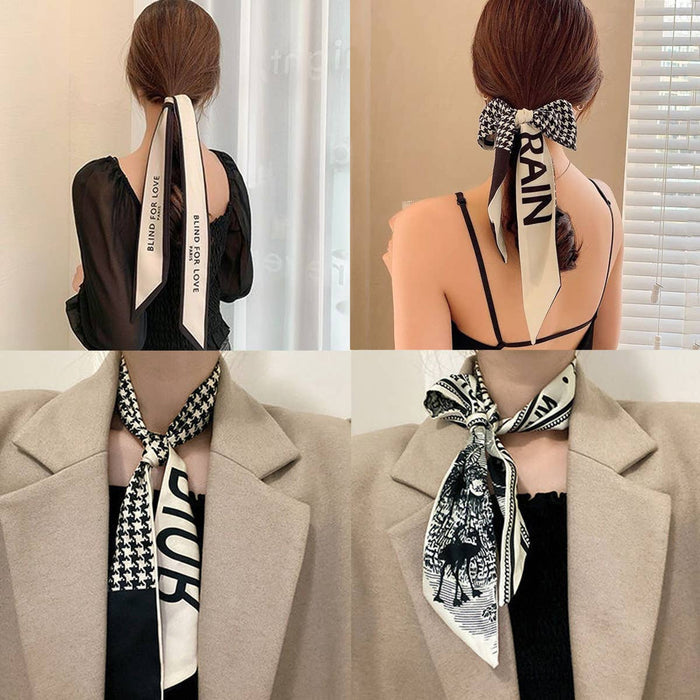 Silky Bowknot Scarf – Paris Polka Dot & Classic Plaid (96×6.5cm) - Accessories