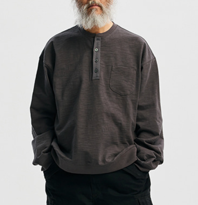 SLUB HENLEY L/S T-SHIRT - CHARCOAL