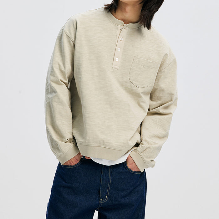 SLUB HENLEY L/S T-SHIRT - KHAKI BEIGE