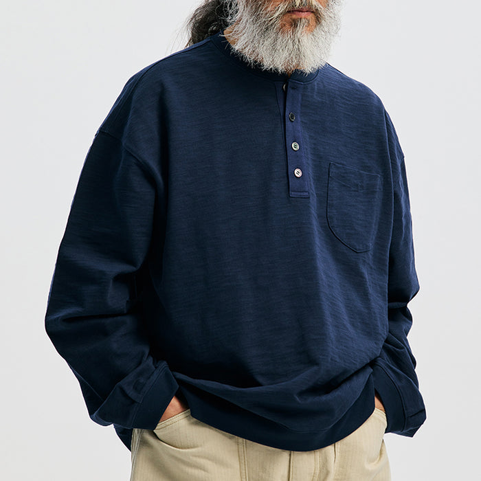 SLUB HENLEY L/S T-SHIRT - NAVY