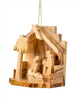 Small handcrafted olive wood nativity ornament with palm tree and star made in Bethlehem.