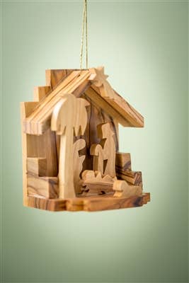 Small Grotto with Nativity and Palm – 3" Handcrafted Olive Wood Ornament