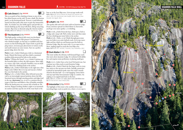 A printed climbing guidebook page from Mar Bourdons 2026 rock climbing guide book "Squamish Select" featuring a large aerial photograph of a rocky mountain climb labeled 'Boulder Field,' alongside dense descriptive text, smaller inset photos, and route markers.