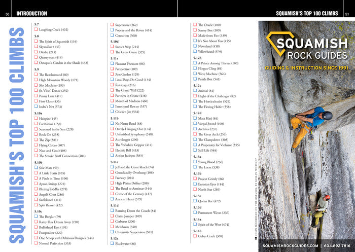 A printed guidebook spread titled 'Squamish's Top 100 Clims' with dense text columns, a black header, and a climbing scene on the right page. From Marc Bourdons 2026 rock climbing guidebook "Squamish Select"