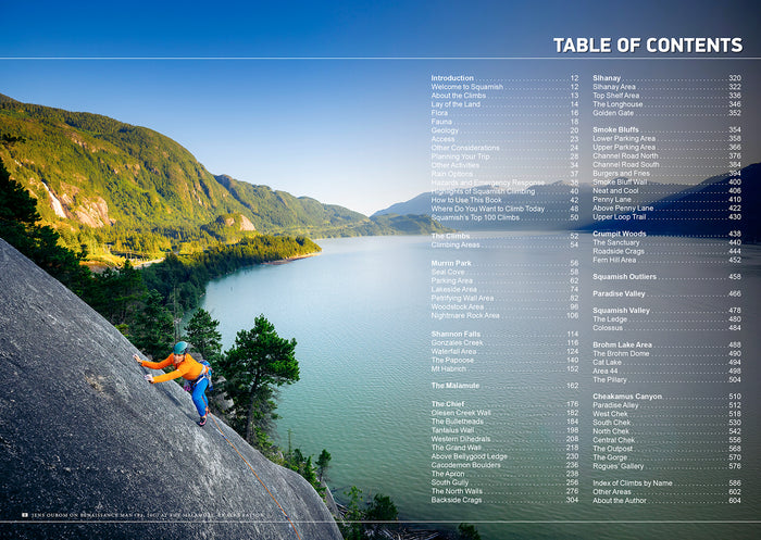 A scenic table of contents page overlaid on a landscape photograph of a mountain lake, with a climber visible on the rock in the lower left. The left side shows a large mountain slope, the center shows the blue-green water and distant mountains under a blue sky, and the right side contains a semi-transparent table of contents with white text. From Marc Bourdons 2026 rock climbing guidebook called Squamish Select