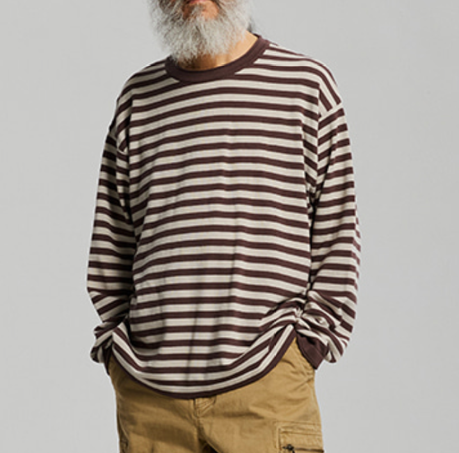 STRIPE KNIT L/S T-SHIRT - BROWN