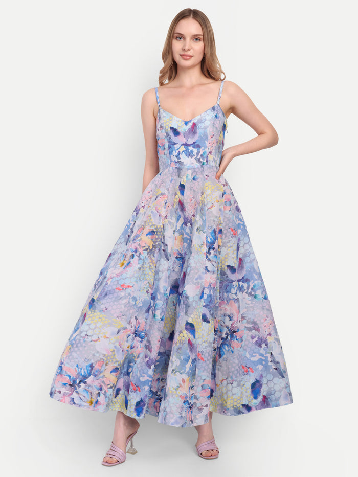 Luxury women’s blue floral Sumi maxi dress with elegant flowy silhouette and designer look