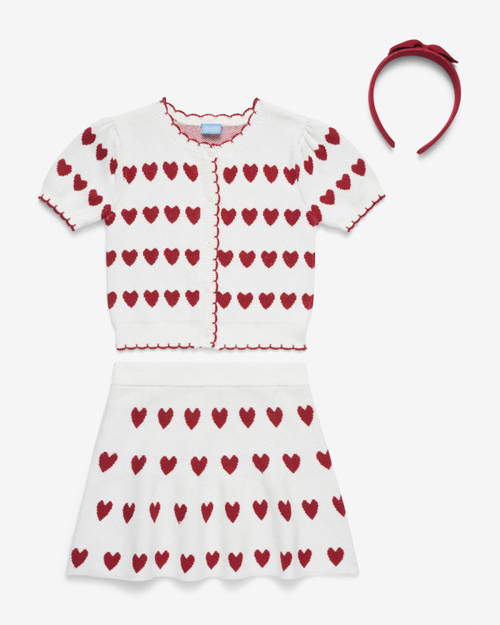 Sweater Knit Skirt Set with Headband in Heart Print