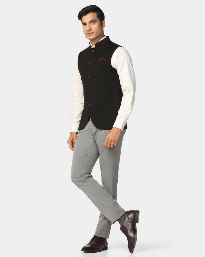 TechPro Bandhgala Formal Black Solid Waistcoat - Travalo