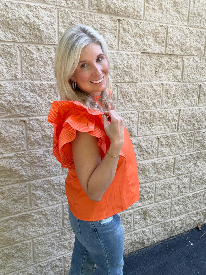 The Vol Classic: Ruffle Sleeve Contrast-Stitch Woven Top