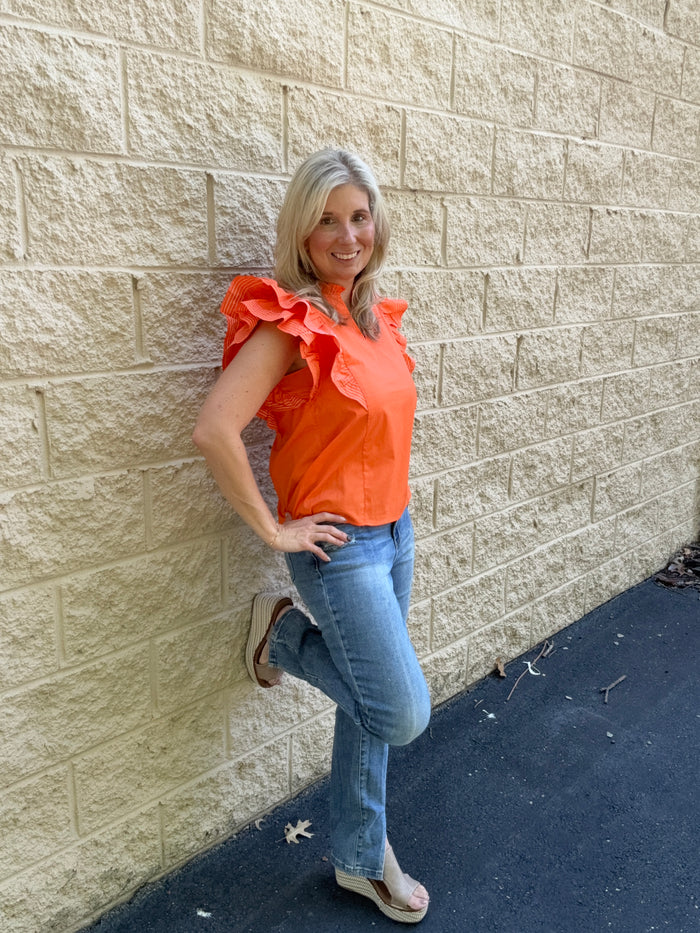 The Vol Classic: Ruffle Sleeve Contrast-Stitch Woven Top