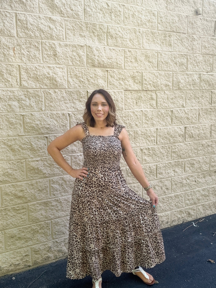 Tiered Leopard Smocked Maxi Dress