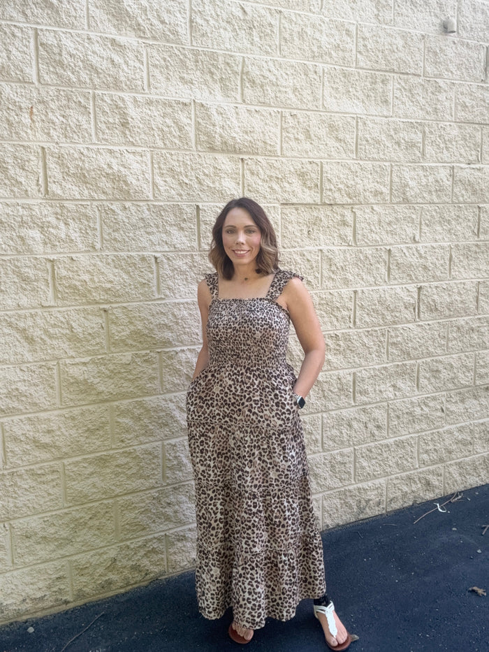 Tiered Leopard Smocked Maxi Dress