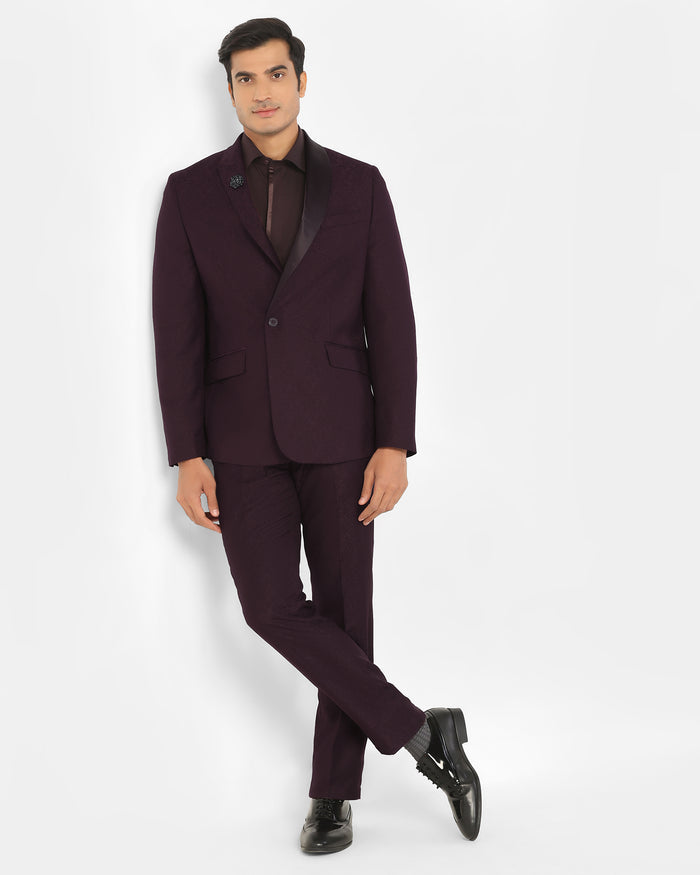 Two Piece Wine Jacquard Formal Suit - Jaque