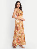 Women’s golden floral Vento maxi dress with halter neck and flowy silhouette