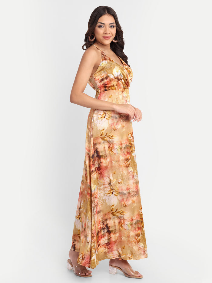 Women’s golden floral Vento maxi dress with halter neck and flowy silhouette