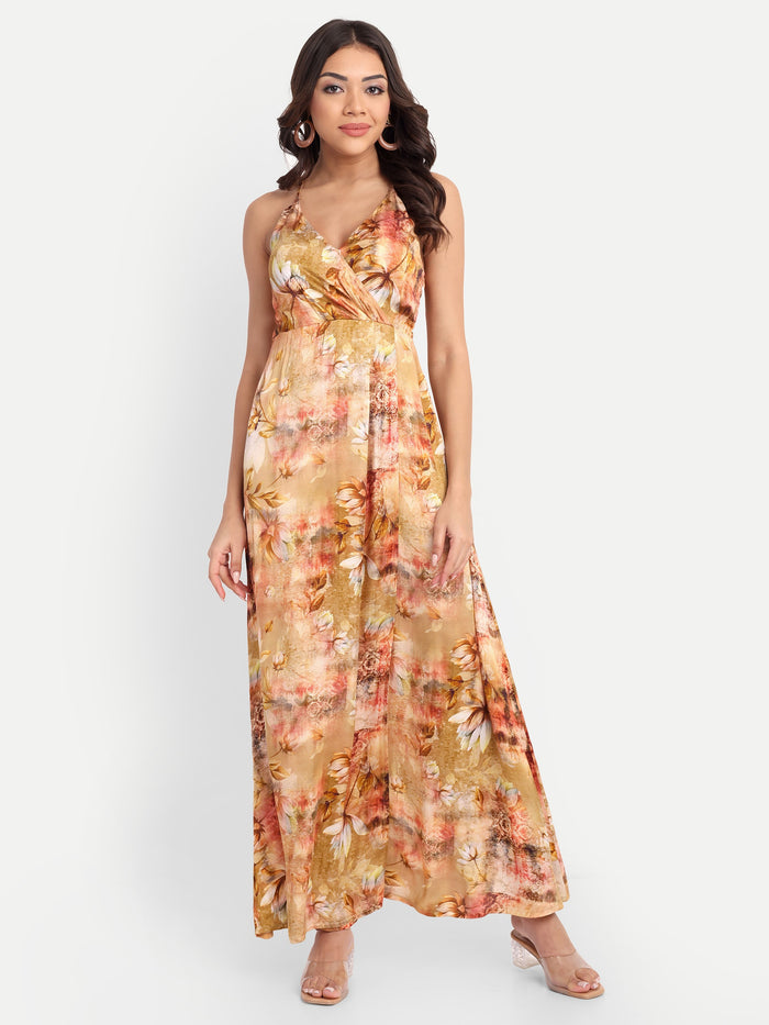 Women’s golden floral Vento maxi dress with halter neck and flowy silhouette