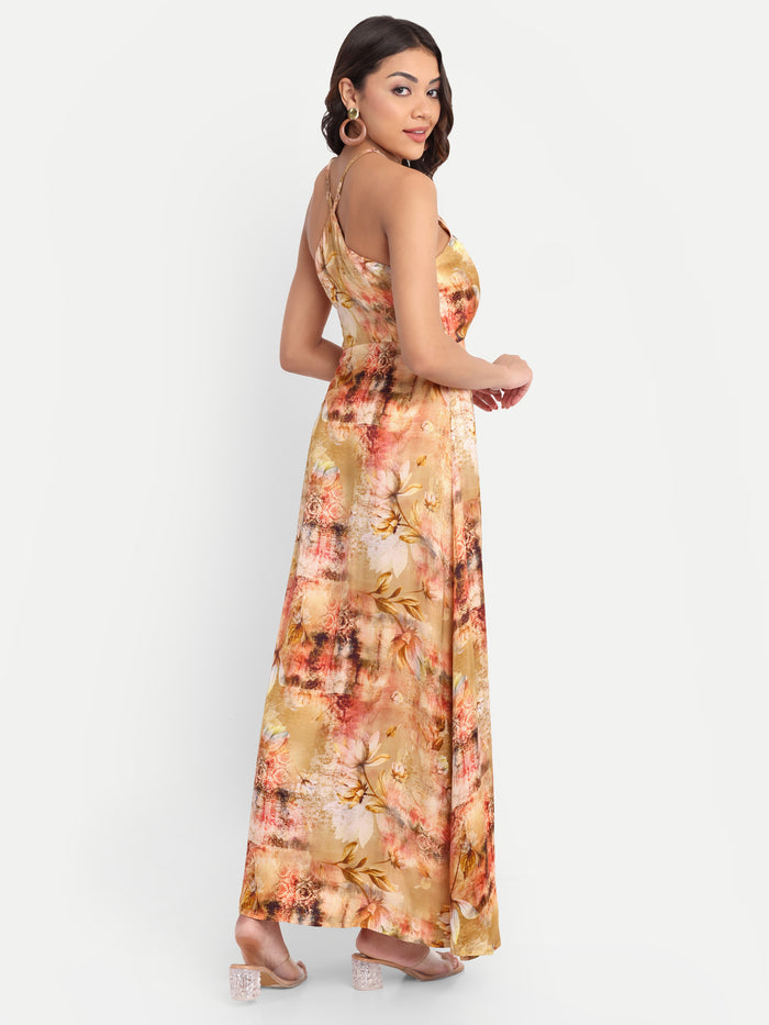 Women’s golden floral Vento maxi dress with halter neck and flowy silhouette