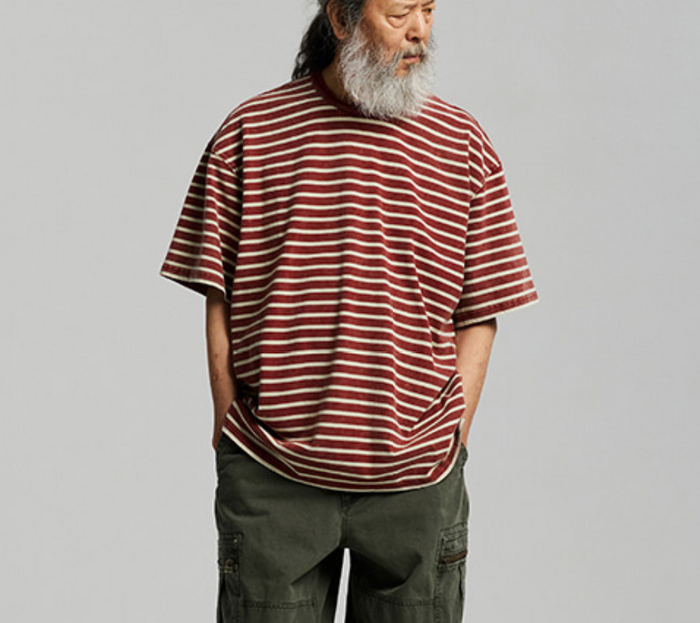 VINTAGE FADED STRIPE HALF T-SHIRT - PURPLE