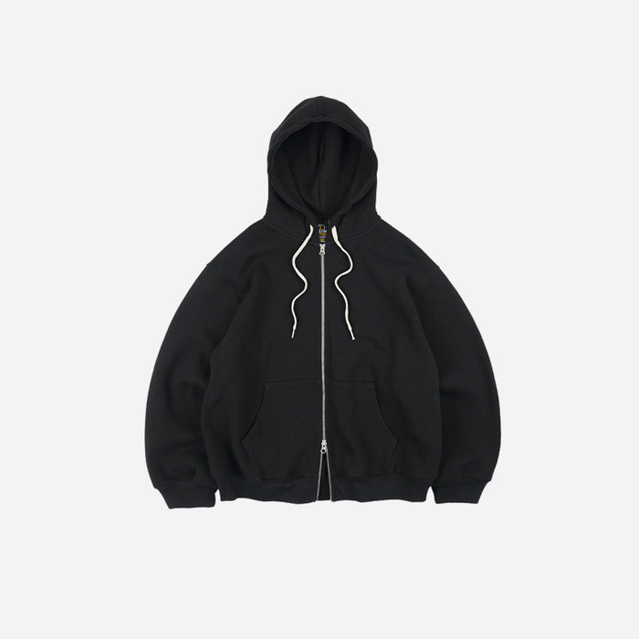 WAFFLE ZIP UP HOODIE - BLACK