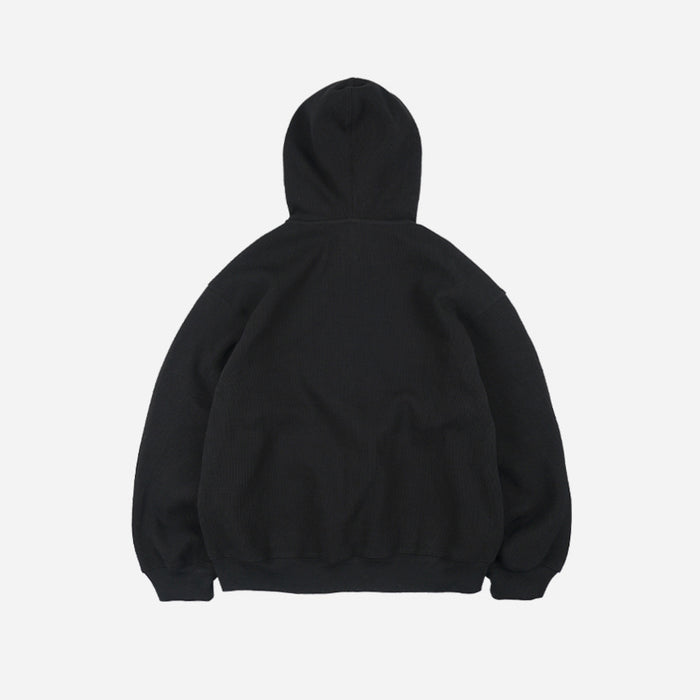 WAFFLE ZIP UP HOODIE - BLACK