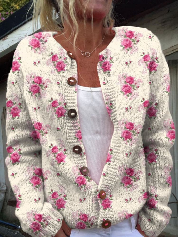 Watercolour French Rose Repeat Pattern Print Buttoned Cardigan Sweater
