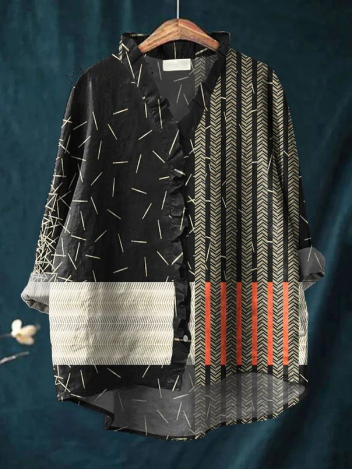 Women's Abstract Twill Art Print Casual Cotton and Linen Ruffle Shirt