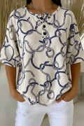 Womens Blue Rope Chain Print Button Detail Waffle Knit Short Sleeve Top