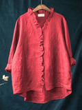 Women's Casual Cotton and Linen Ruffle Shirt