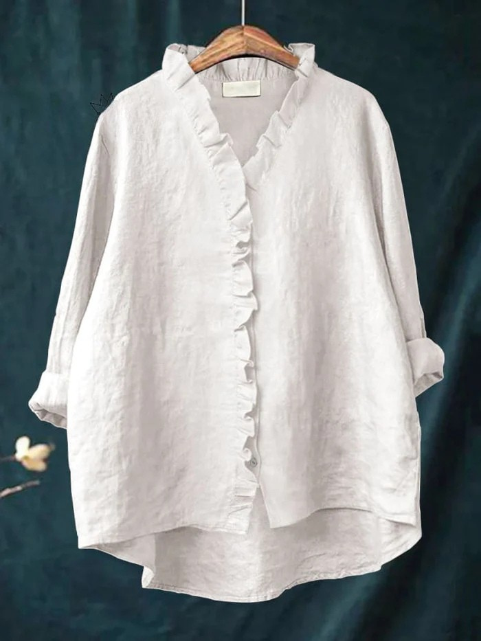 Women's Casual Cotton and Linen Ruffle Shirt