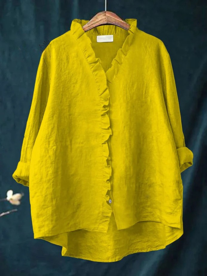 Women's Casual Cotton and Linen Ruffle Shirt