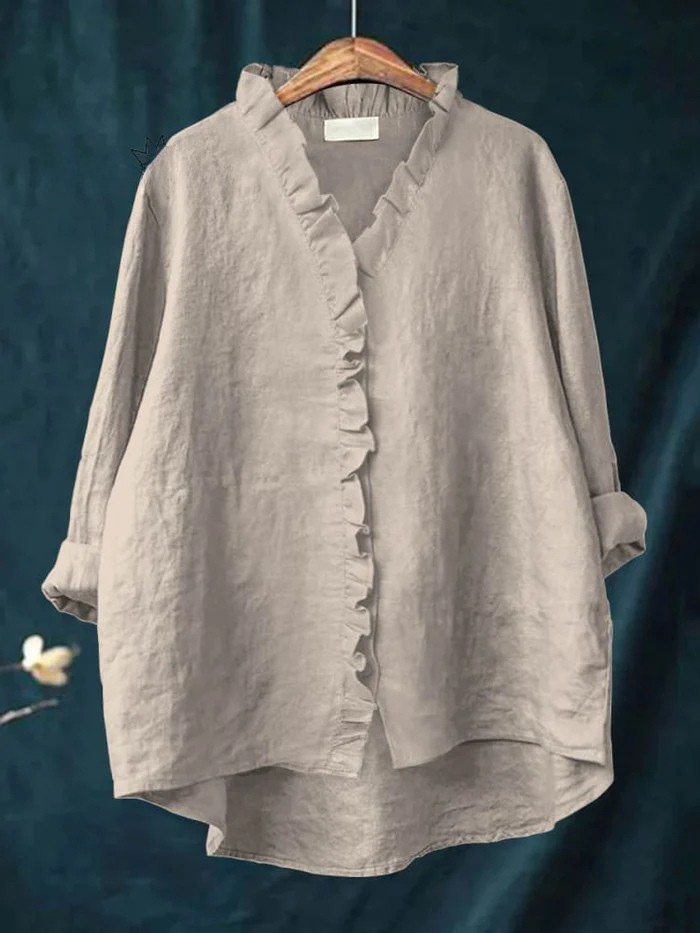 Women's Casual Cotton and Linen Ruffle Shirt