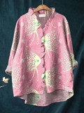 Women's Colourful Abstract Sea Fish Art Print Casual Cotton And Linen Ruffle Shirt