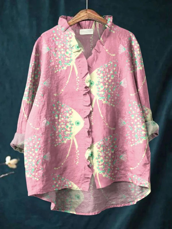 Women's Colourful Abstract Sea Fish Art Print Casual Cotton And Linen Ruffle Shirt