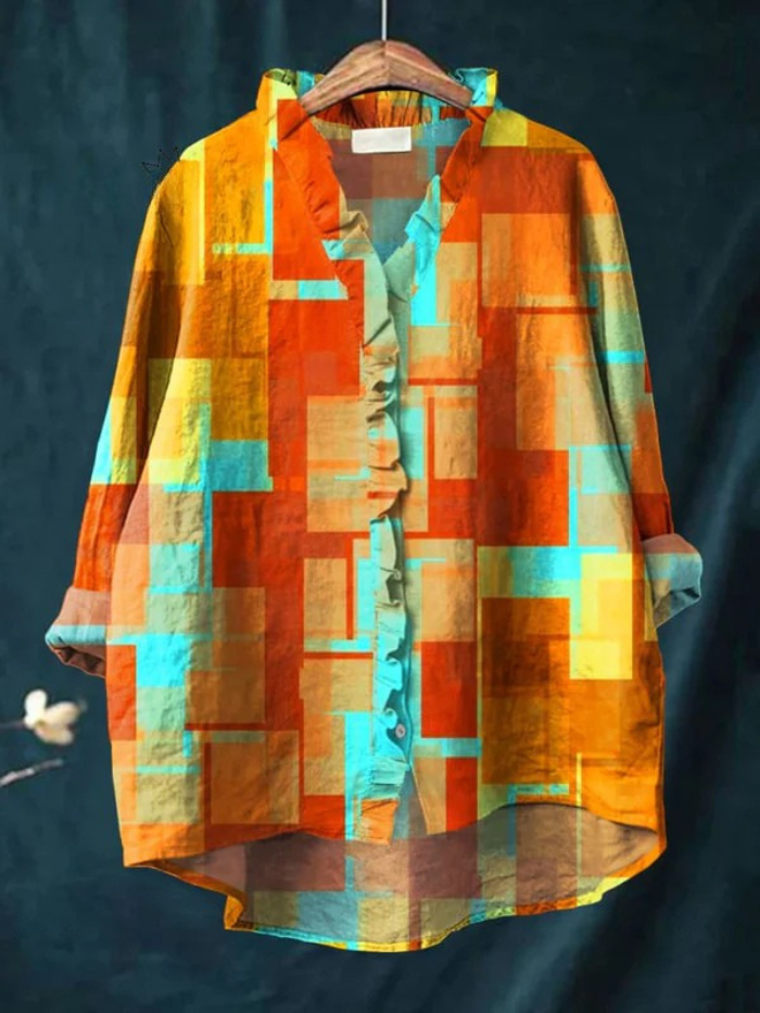 Women's Colourful Abstract Squares Art Print Casual Cotton And Linen Ruffle Shirt