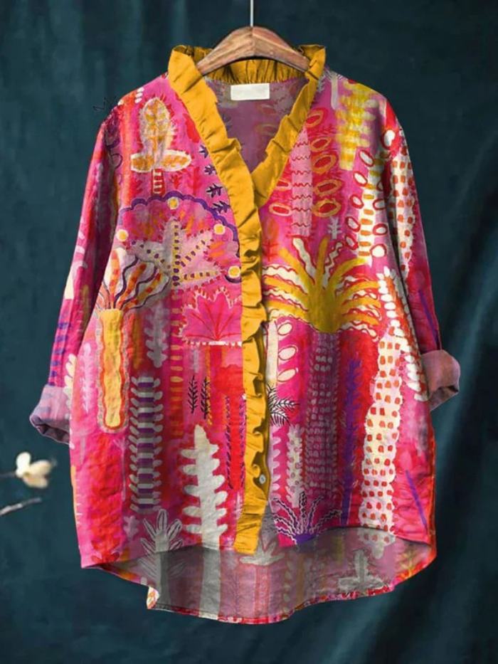 Women's Colourful Tree Art Print Casual Cotton And Linen Ruffle Shirt