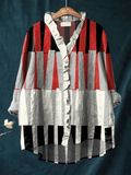 Women's Fashion Colour Block Line Art Print Casual Cotton And Linen Ruffle Shirt