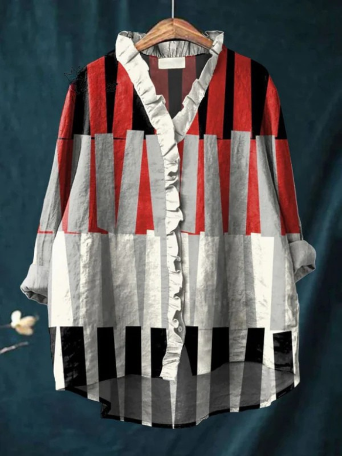 Women's Fashion Colour Block Line Art Print Casual Cotton And Linen Ruffle Shirt