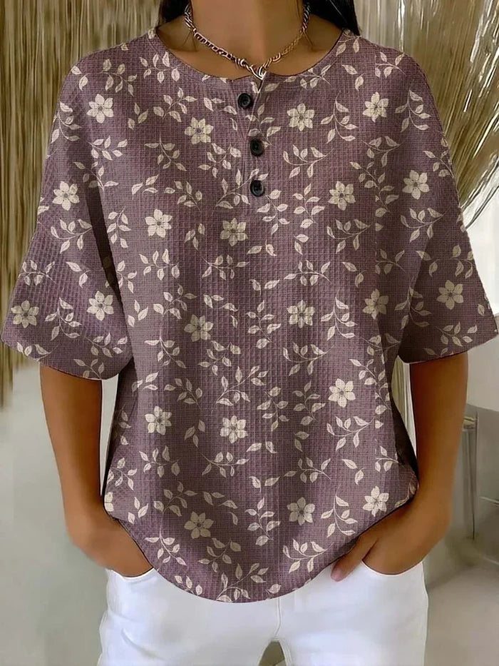 Women's Floral Art Print Casual Waffle Cotton Shirt