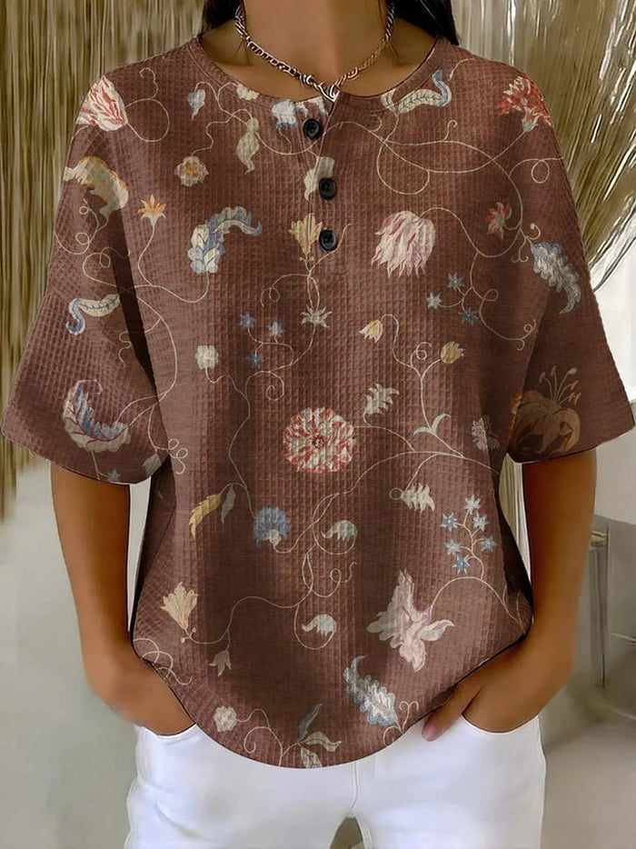 Women's Flower Art Print Casual Waffle Cotton Shirt