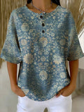Women's Flower Art Print Casual Waffle Cotton Shirt