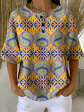 Women's Flower Art Print Casual Waffle Cotton Shirt