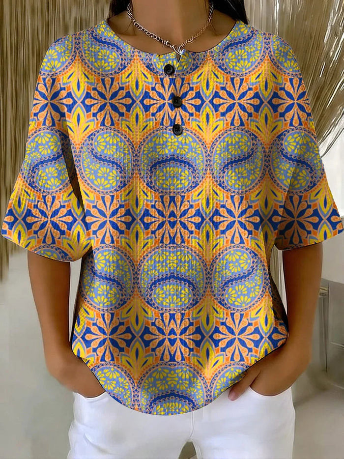 Women's Flower Art Print Casual Waffle Cotton Shirt