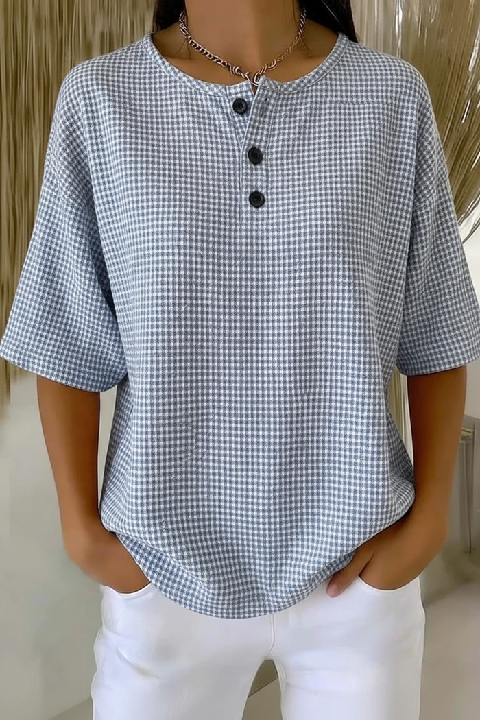 Womens Gray Gingham Button Detail Waffle Knit Short Sleeve Top