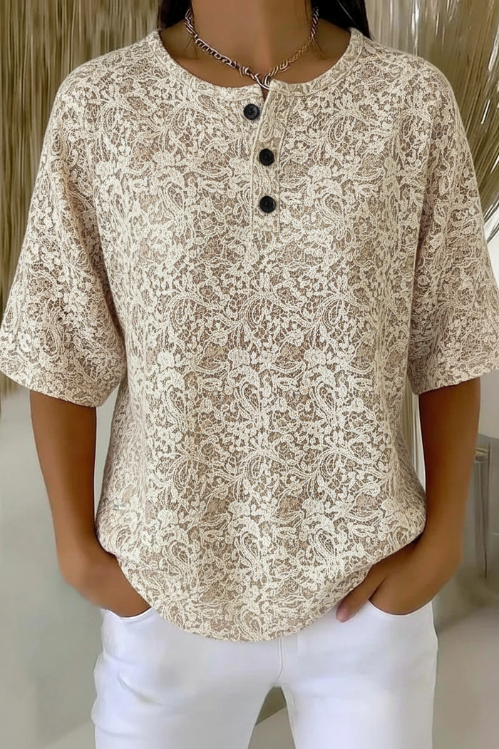 Womens Khaki Floral Paisley Print Button Detail Waffle Knit Short Sleeve Top