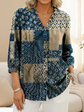 Women's Patchwork Art Pattern Print Casual Ruffled Denim Shirt